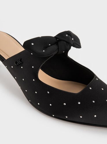 Jayce Dotted Knot-Bow Kitten-Heel Mules, Black Textured, hi-res