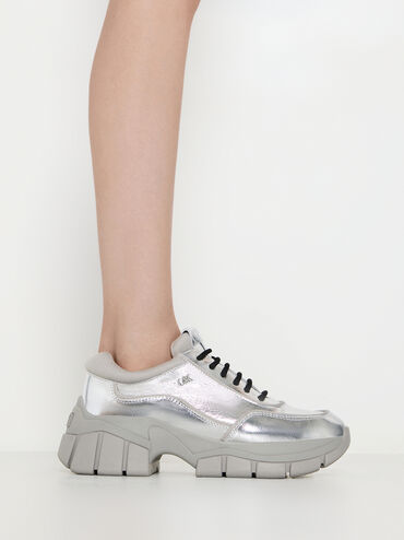 Yunna Metallic Leather & Recycled Fabric Chunky Sneakers, Silver, hi-res
