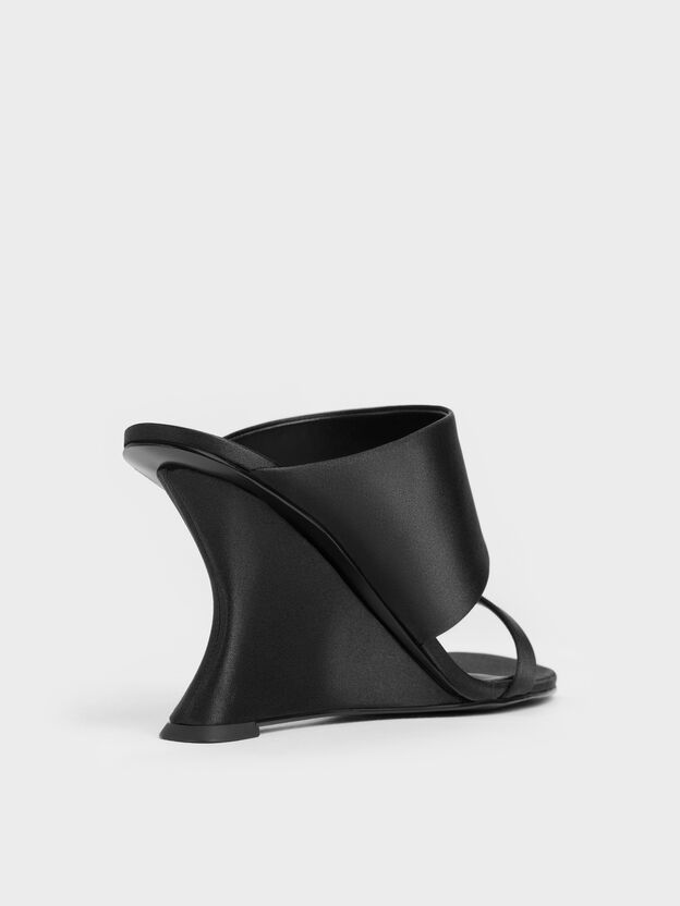 Satin Double-Strap Wedge Mules, Black Textured, hi-res