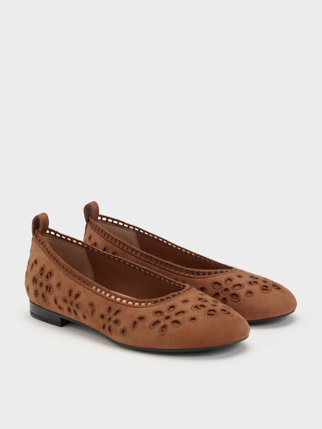 Leather Embroidered Ballet Flats, Cognac, hi-res