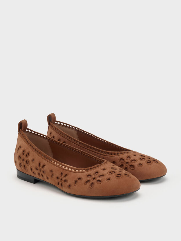 Leather Embroidered Ballet Flats, Cognac, hi-res