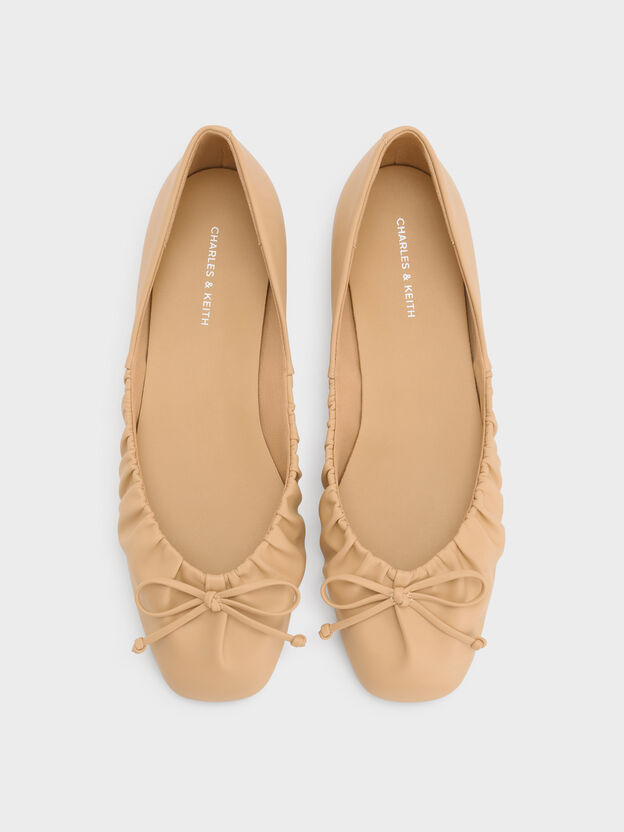 Ruched Bow Ballet Flats, Sand, hi-res