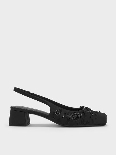 Sadira Satin Embroidered Sequinned Slingback Pumps, Black Textured, hi-res