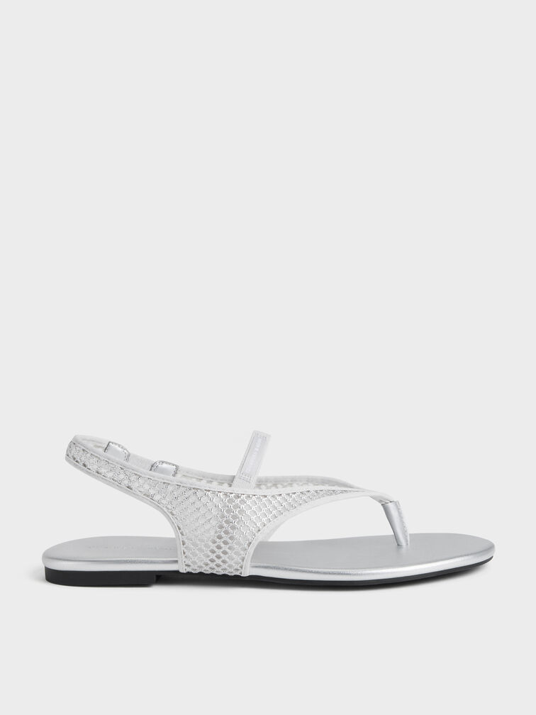 Ellory Mesh Thong Slingback Sandals, Silver, hi-res