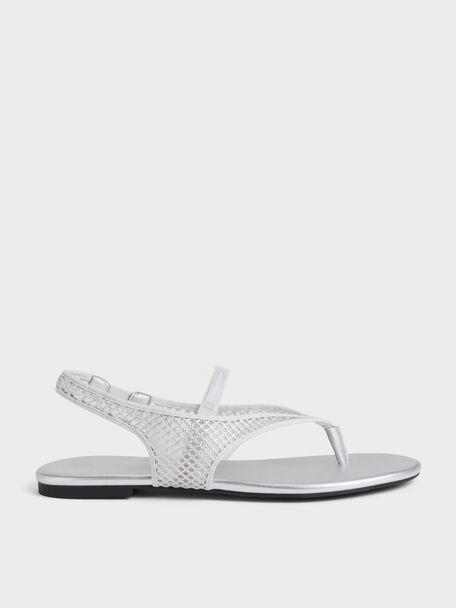 Ellory Mesh Thong Slingback Sandals, Silver, hi-res