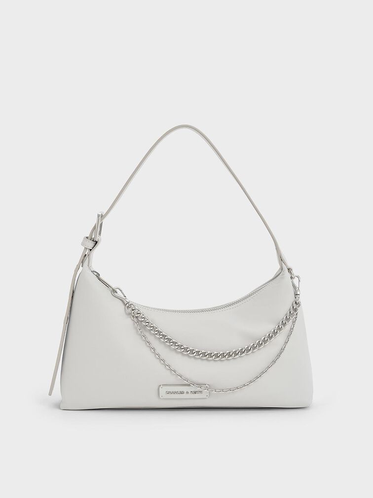 Nylon Chain-Link Trapeze Shoulder Bag, Light Grey, hi-res