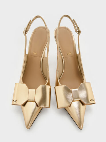 Lu Metallic Leather Bow Blade-Heel Slingback Pumps, Gold, hi-res
