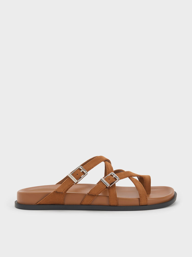 Faux Suede Crossover Toe-Ring Sandals, Cognac, hi-res
