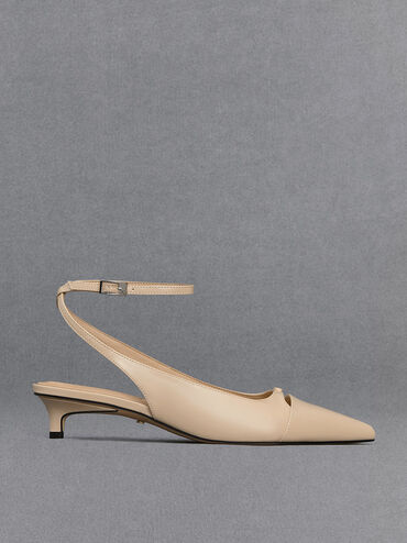 Leather Kitten-Heel Pumps, Beige, hi-res