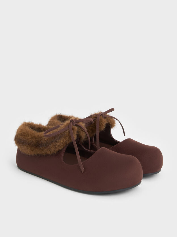 Emila Faux Suede Fur-Trim Mary Jane Flats, Dark Brown Textured, hi-res