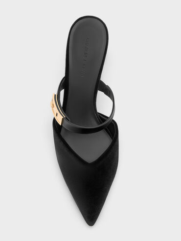 Lando Velvet Pointed-Toe Metallic-Buckle Heeled Mules, Black Textured, hi-res