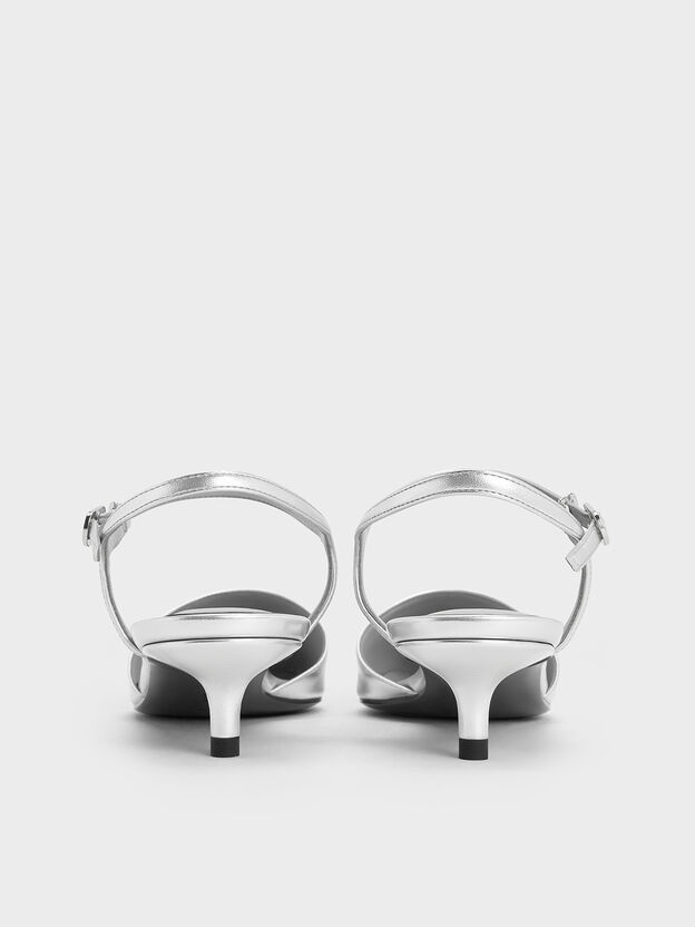 Metallic Pearl-Embellished Cap-Toe Kitten Heels, Silver, hi-res