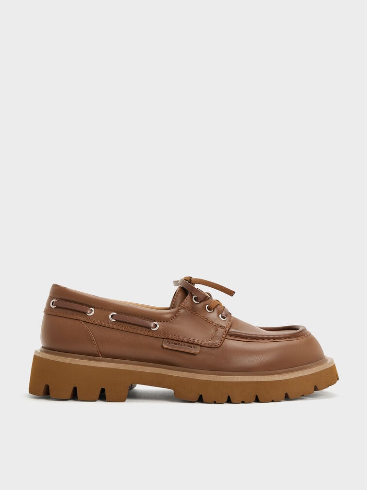 Ridged-Sole Boat Shoes, Cognac, hi-res
