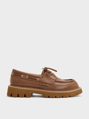 Ridged-Sole Boat Shoes, Cognac, hi-res