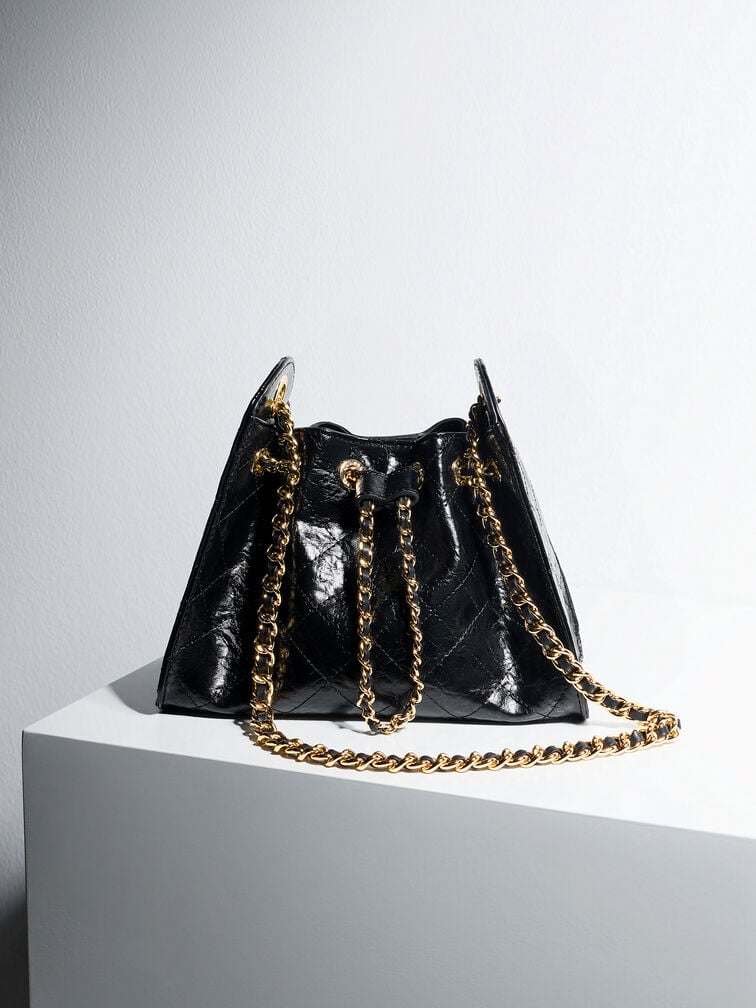 Duo Quilted Drawstring Bucket Bag, Black, hi-res