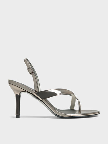 Metallic Stiletto Slingback Thong Sandals, Pewter, hi-res