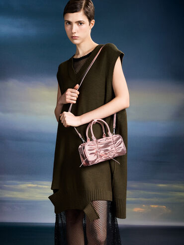 Kadee Metallic Ruched Bow-Charm Bowling Bag, Aura Pink, hi-res