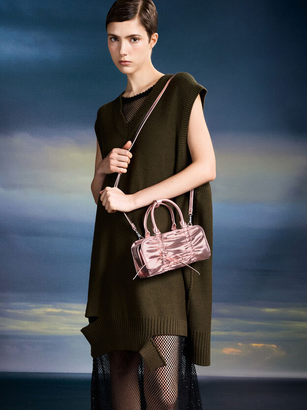 Kadee Metallic Ruched Bow-Charm Bowling Bag, Aura Pink, hi-res