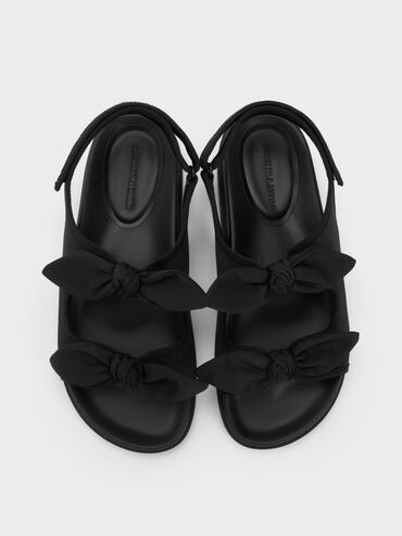 Silk Knot-Bow Double-Strap Slingback Sandals, Black Textured, hi-res