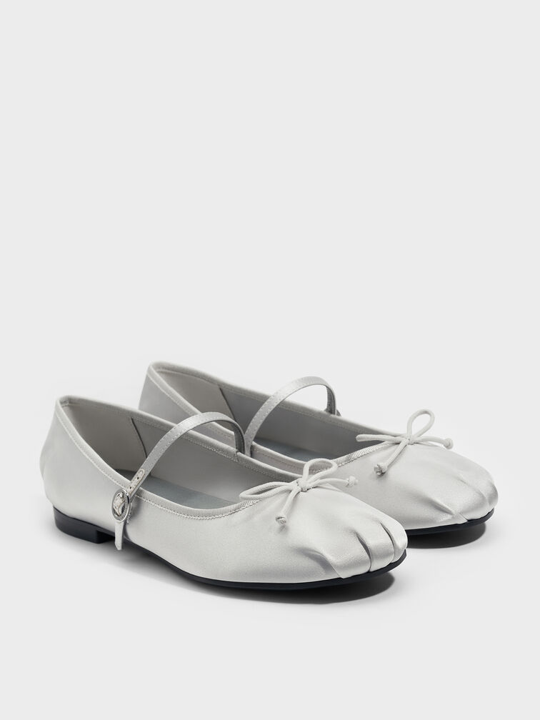 Emiko Satin Bow Mary Jane Flats, Silver, hi-res