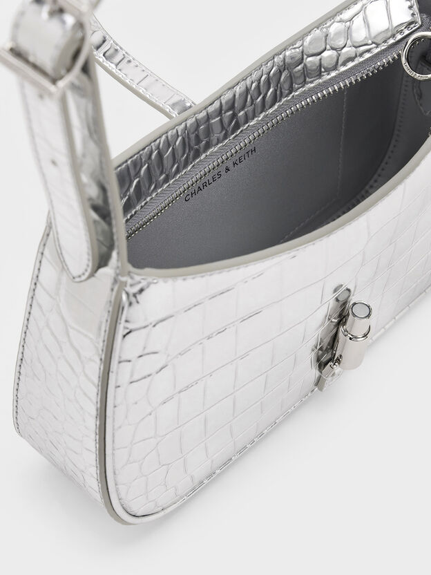 Cesia Croc-Effect Metallic-Accent Shoulder Bag, Silver, hi-res