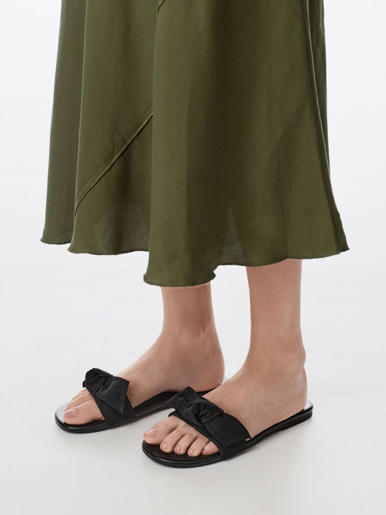 Anika Faux Suede Knot-Bow Slide Sandals, Black Textured, hi-res