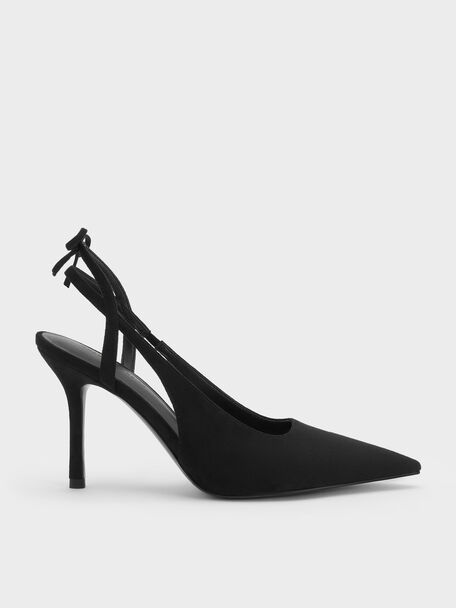 Faux Suede Back-Bow Slingback Pumps, Black Textured, hi-res