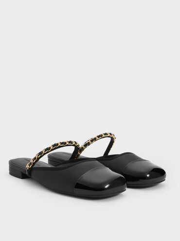 Patent Chain-Strap Mules, Black, hi-res