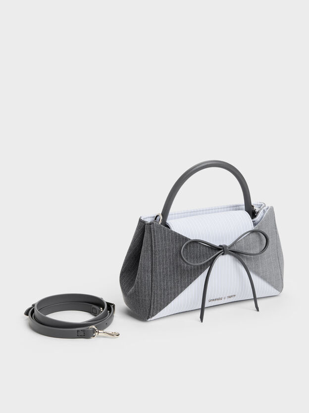 Hazel Striped Bow Panelled Top Handle Bag, Grey, hi-res