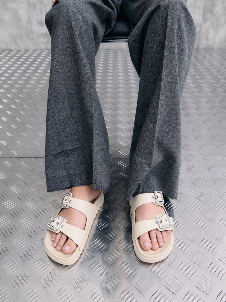 Gem-Buckle Double-Strap Sandals, Chalk, hi-res