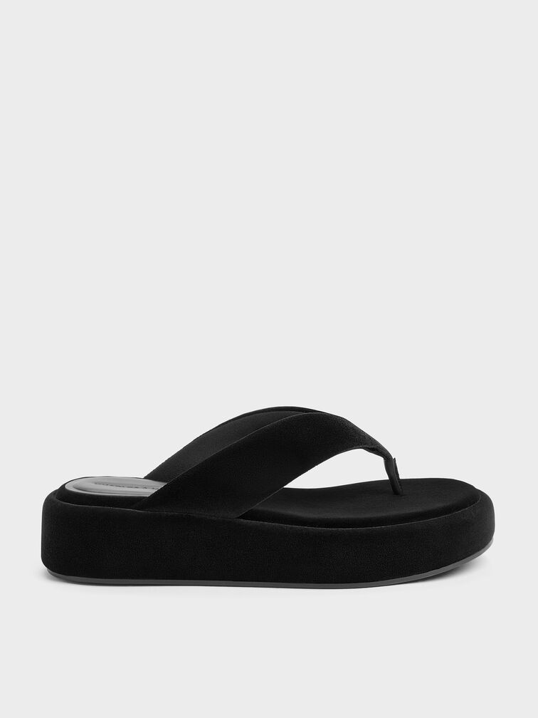 Velvet Flatform Thong Sandals, Black Textured, hi-res