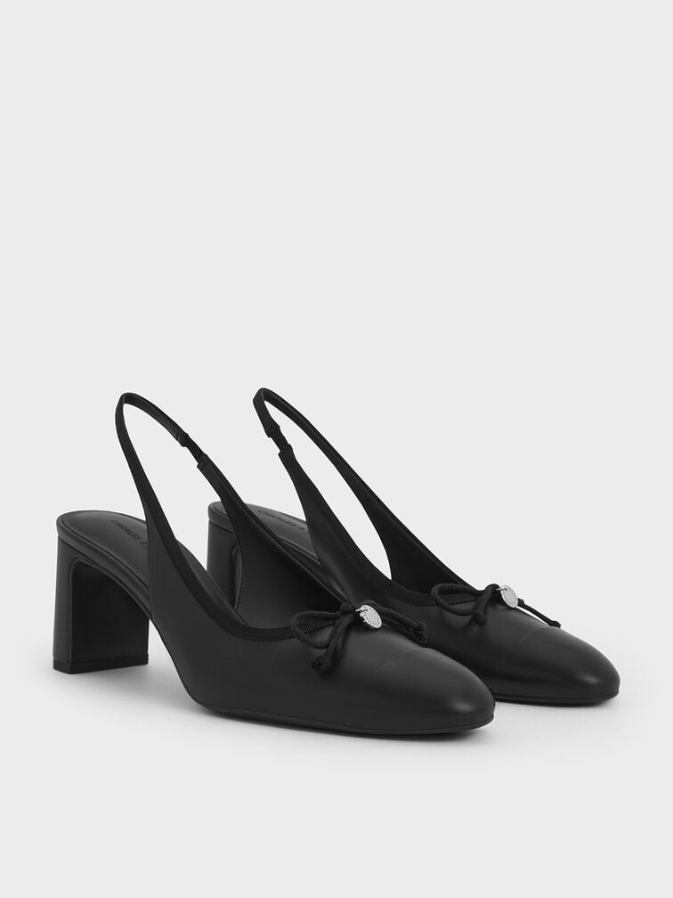 Bow Cap-Toe Slingback Pumps, Black, hi-res