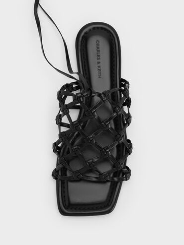 Woven Tie-Around Net Sandals, Black, hi-res