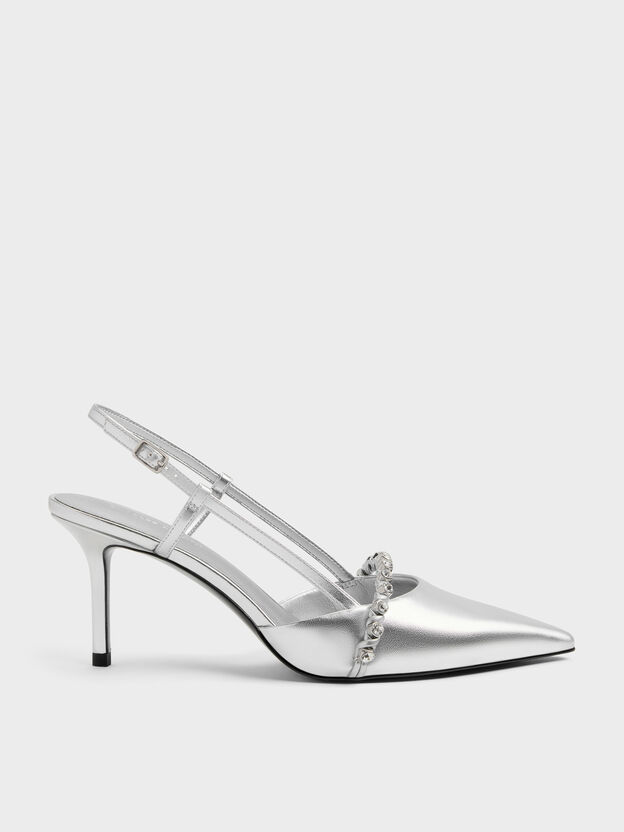 Metallic Crystal Slingback Pumps, Silver, hi-res