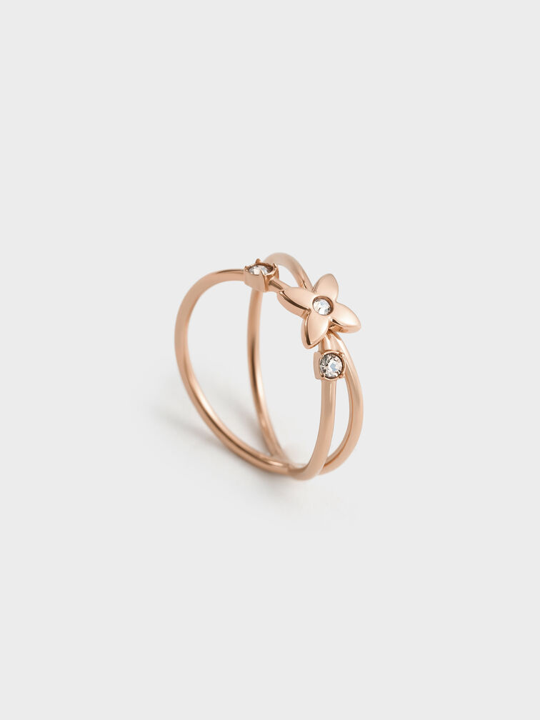 Felicity Flower-Motif Crystal Crossover Ring, Rose Gold, hi-res