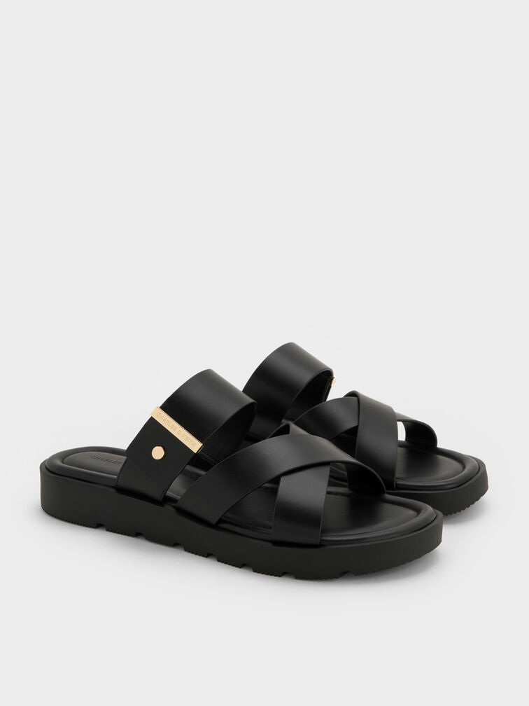 Metallic-Accent Crossover-Strap Slide Sandals, Black, hi-res