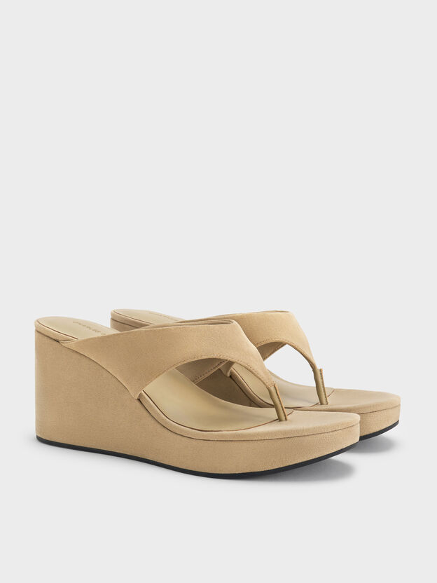 Faux Suede Thong Platform Wedges, Beige, hi-res
