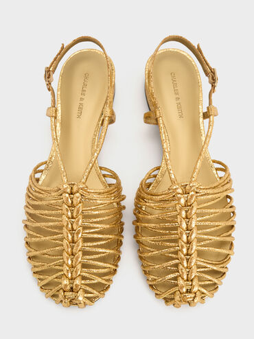 Linnea Metallic Woven Slingback Caged Sandals, Gold, hi-res