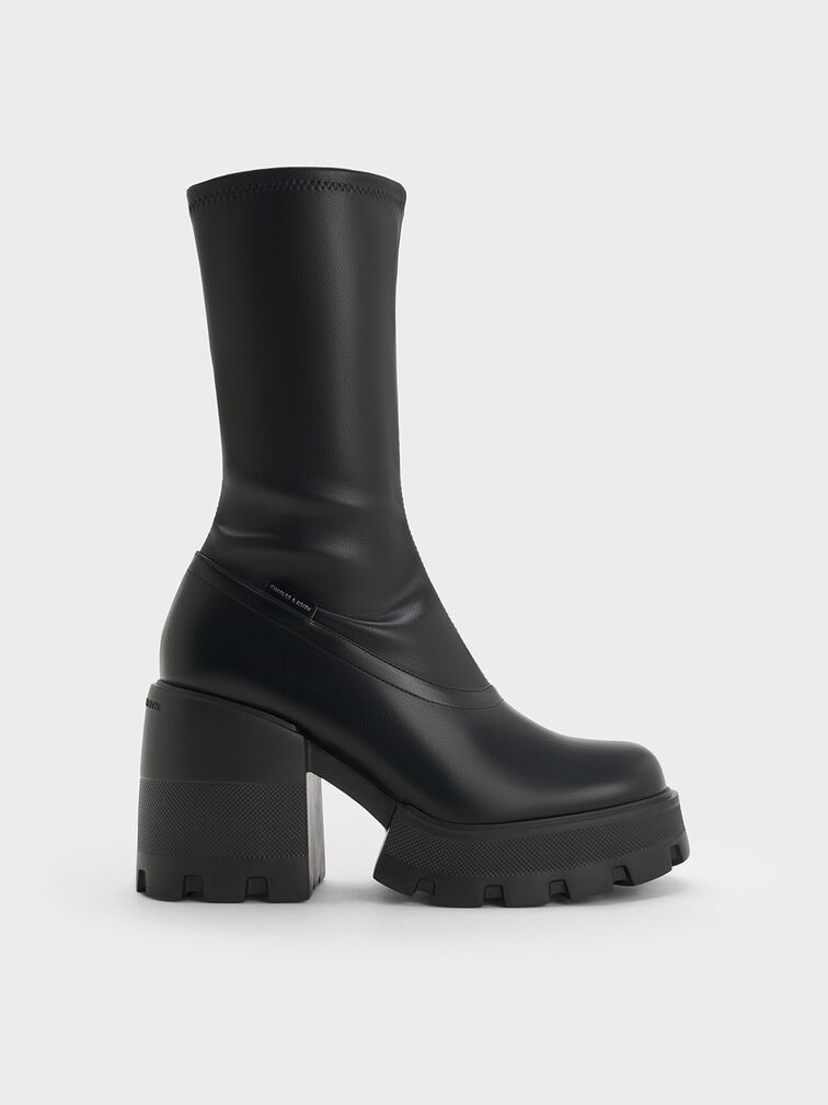 Side-Zip Platform Calf Boots, Black, hi-res