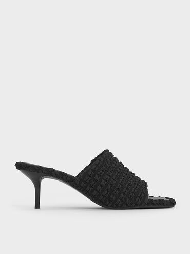 Loren Textured Kitten-Heel Mules, Black Textured, hi-res