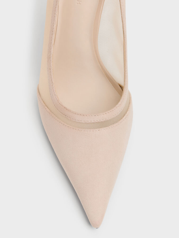 Faux Suede & Mesh Pointed Pumps, Beige, hi-res