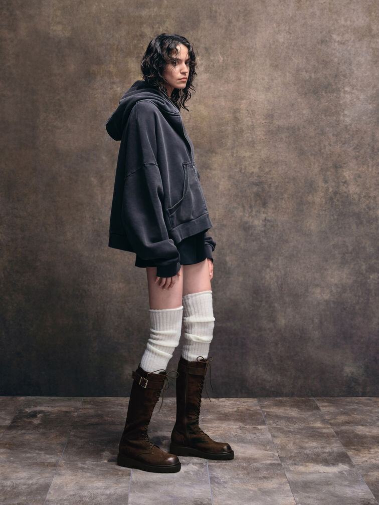 Darian Faux Suede Lace-Up Buckle-Strap Knee-High Boots, Dark Brown Textured, hi-res