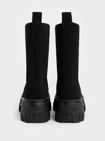 Faux Suede Zip-Up Platform Calf Boots, Black Textured, hi-res
