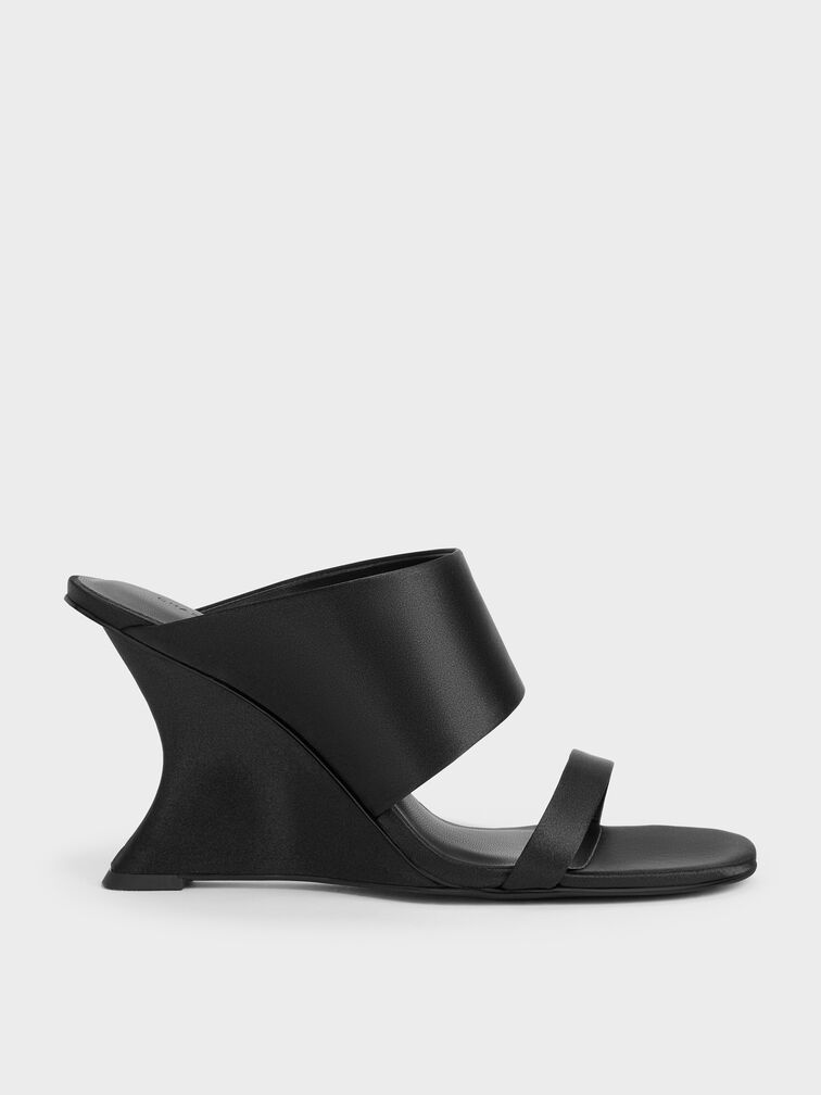 Satin Double-Strap Wedge Mules, Black Textured, hi-res