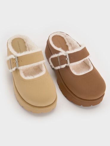 Bergen Textured Fur-Trim Buckled Platform Mules, Sand, hi-res