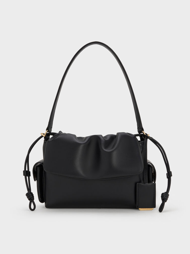 Khai Ruched-Flap Side-Pocket Top Handle Bag, Black, hi-res