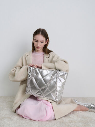 Apfra Metallic Quilted Chain-Embellished Tote Bag, Silver, hi-res