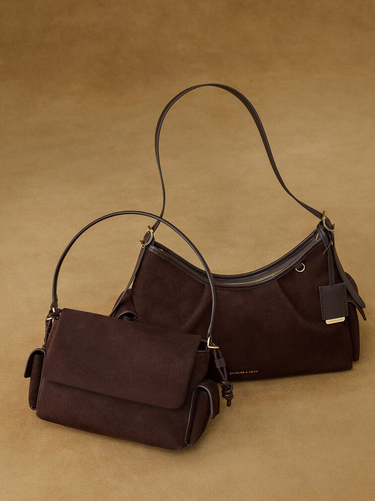 Khai Recycled Suede Ruched-Flap Side-Pocket Top Handle Bag, Espresso Brown, hi-res