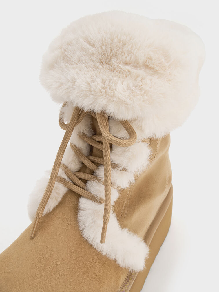Faux Suede & Faux Fur Foldover Flatform Boots, Sand, hi-res