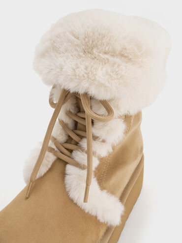 Faux Suede & Faux Fur Foldover Flatform Boots, Sand, hi-res